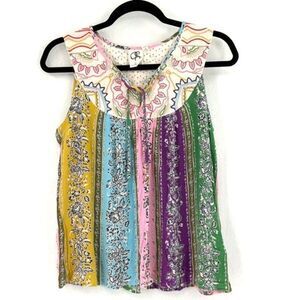 One September Anthropologie Boho Larkspur Embroidered Patchwork Print Tank Flowy